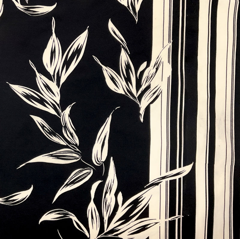 Black-Ivory Poly Leaves Border Printed ITY Moss Crepe Knit Fabric