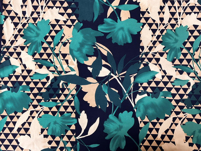 Teal-Multi Poly Geo Leaves Print ITY Moss Crepe Knit Fabric