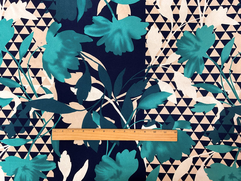 Teal-Multi Poly Geo Leaves Print ITY Moss Crepe Knit Fabric