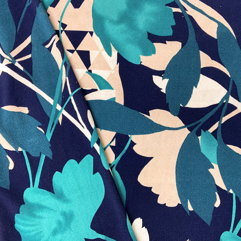 Teal-Multi Poly Geo Leaves Print ITY Moss Crepe Knit Fabric