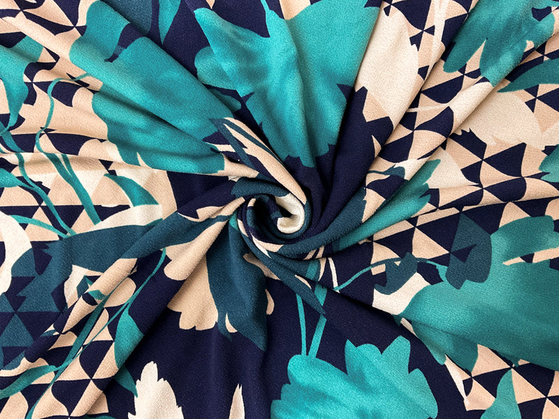 Teal-Multi Poly Geo Leaves Print ITY Moss Crepe Knit Fabric