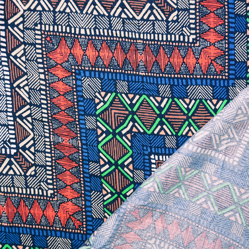 Blue-Red-Multi Rayon-Cotton Aztec Printed Gauze Woven Fabric