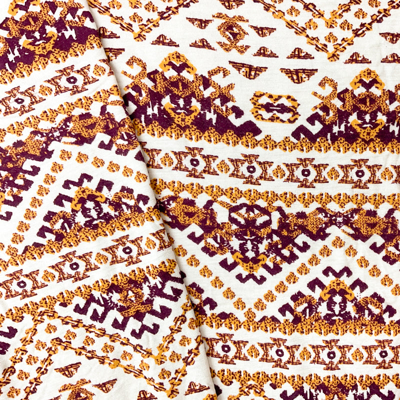 Purple-Yellow-Multi Rayon Aztec Printed Jersey Knit Fabric