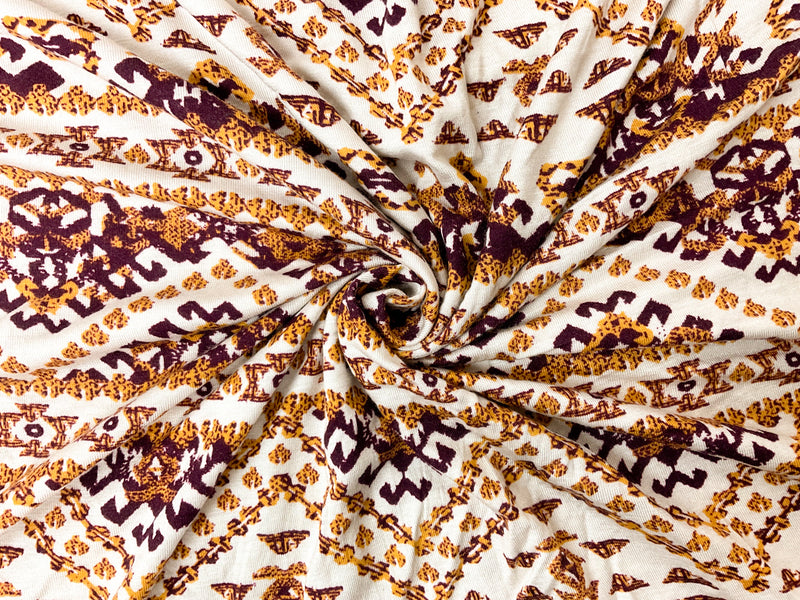 Purple-Yellow-Multi Rayon Aztec Printed Jersey Knit Fabric