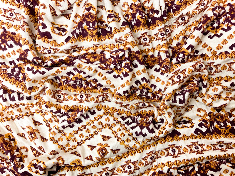 Purple-Yellow-Multi Rayon Aztec Printed Jersey Knit Fabric