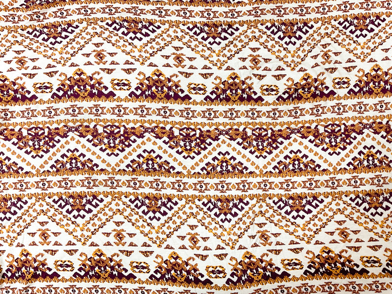 Purple-Yellow-Multi Rayon Aztec Printed Jersey Knit Fabric