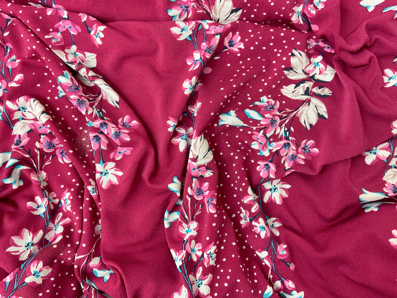Red-Pink-Multi Poly Floral Printed ITY Moss Crepe Knit Fabric