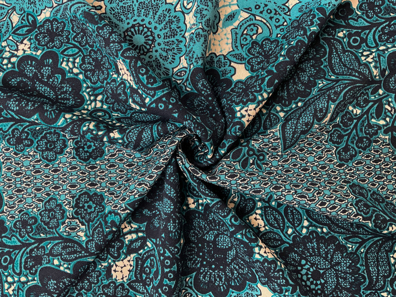 Teal Poly Floral Lace-Like Border Print Interlock Knit Fabric