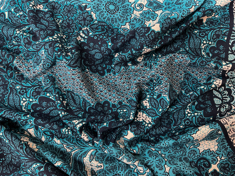 Teal Poly Floral Lace-Like Border Print Interlock Knit Fabric