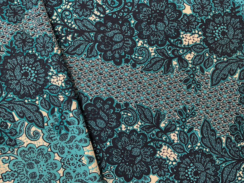 Teal Poly Floral Lace-Like Border Print Interlock Knit Fabric