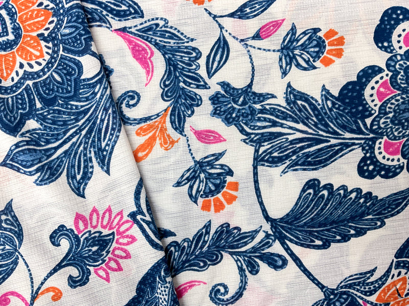 White-Blue-Multi Poly Floral Print Sugar Slub Jersey Knit Fabric