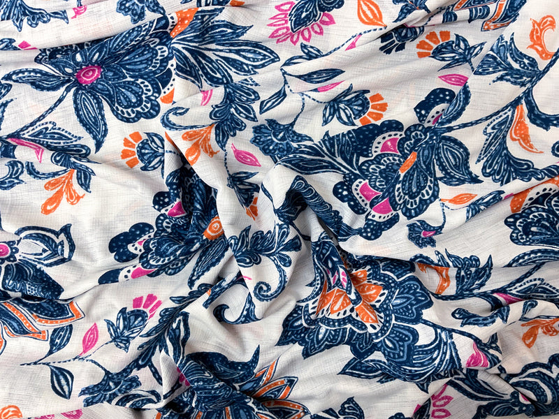 White-Blue-Multi Poly Floral Print Sugar Slub Jersey Knit Fabric