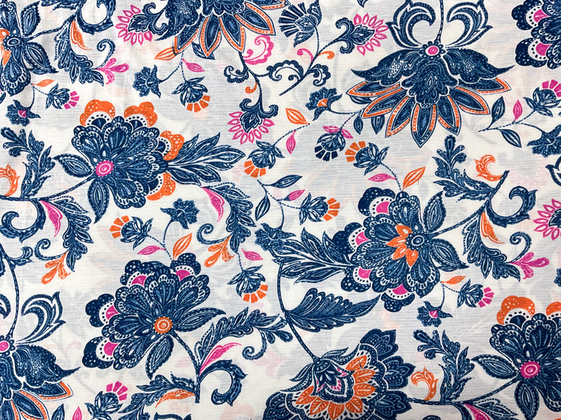 White-Blue-Multi Poly Floral Print Sugar Slub Jersey Knit Fabric