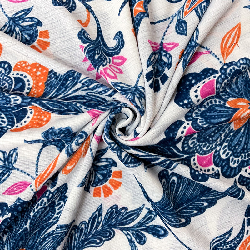 White-Blue-Multi Poly Floral Print Sugar Slub Jersey Knit Fabric