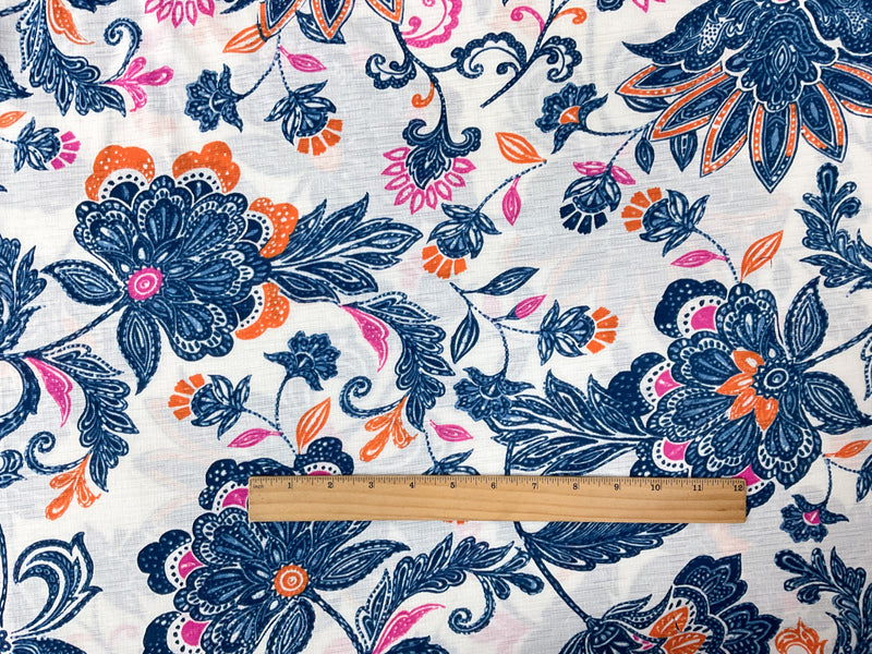 White-Blue-Multi Poly Floral Print Sugar Slub Jersey Knit Fabric