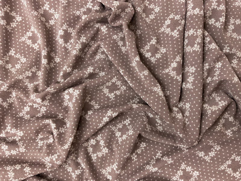 Brown-Ivory Poly Floral Dot Printed ITY Moss Crepe Knit Fabric