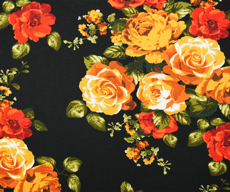 Black-Orange-Multi Floral Print Double Brushed Jersey Knit Fabric