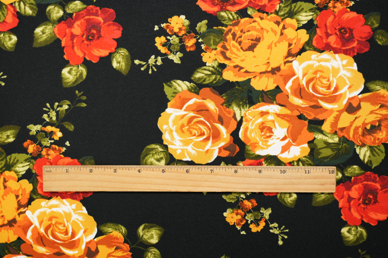Black-Orange-Multi Floral Print Double Brushed Jersey Knit Fabric