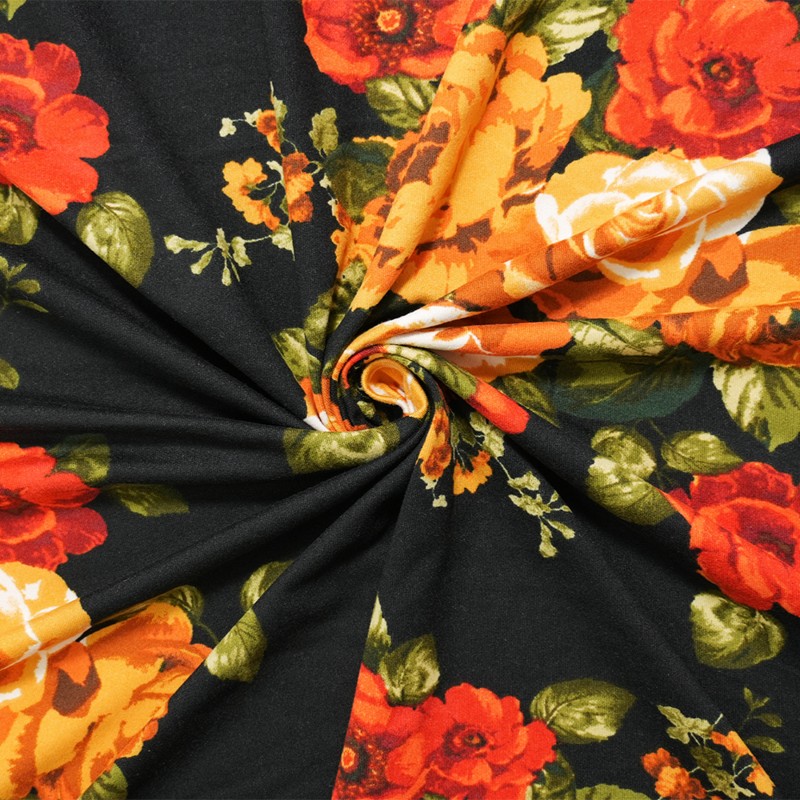Black-Orange-Multi Floral Print Double Brushed Jersey Knit Fabric