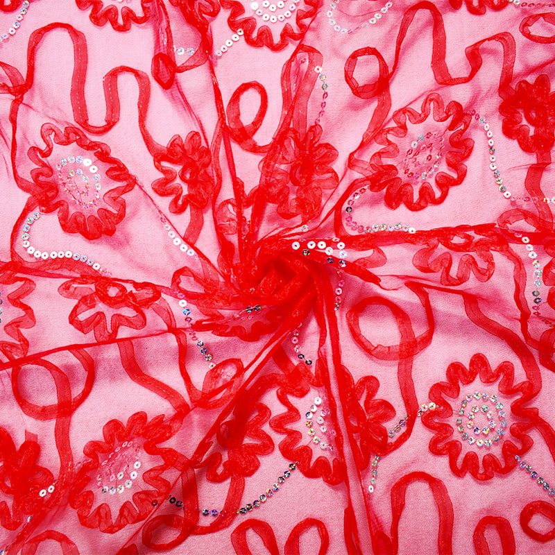 Red-Silver Nylon Floral Applique Sequined Mesh Tulle Fabric