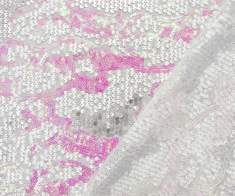White-Silver-Iridescent Nylon-Poly Abstract Sequined Mesh Knit Fabric