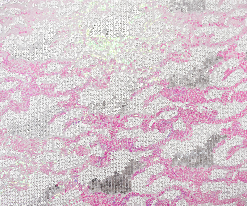 White-Silver-Iridescent Nylon-Poly Abstract Sequined Mesh Knit Fabric