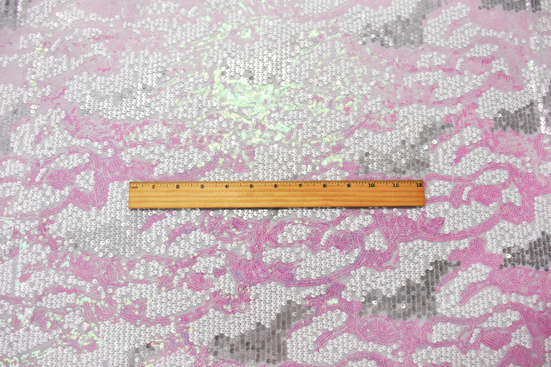 White-Silver-Iridescent Nylon-Poly Abstract Sequined Mesh Knit Fabric