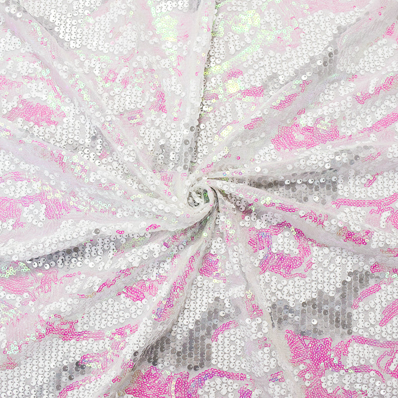 White-Silver-Iridescent Nylon-Poly Abstract Sequined Mesh Knit Fabric