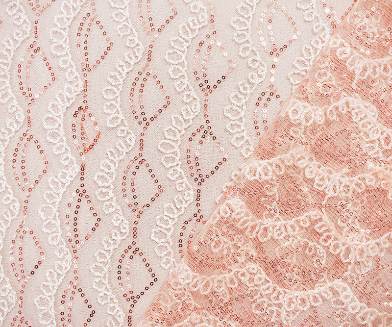 Peach Coral-White Nylon Loop Thread Embroidery Sequined Mesh Tulle Fabric