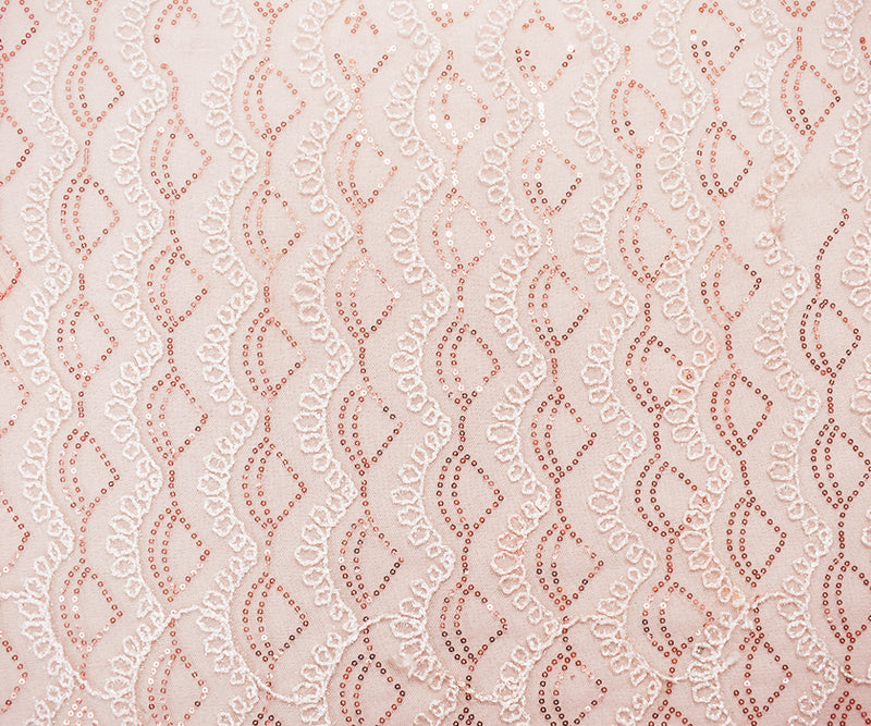 Peach Coral-White Nylon Loop Thread Embroidery Sequined Mesh Tulle Fabric