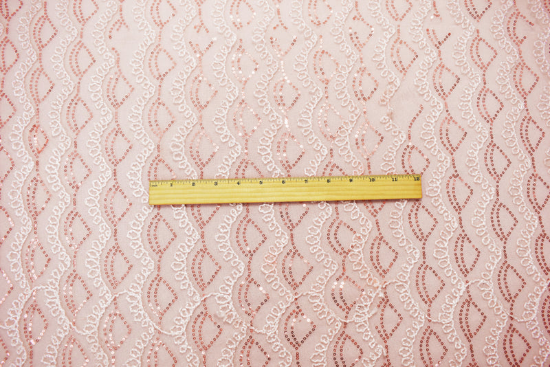 Peach Coral-White Nylon Loop Thread Embroidery Sequined Mesh Tulle Fabric