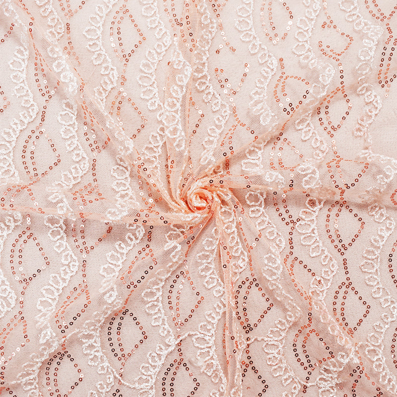 Peach Coral-White Nylon Loop Thread Embroidery Sequined Mesh Tulle Fabric