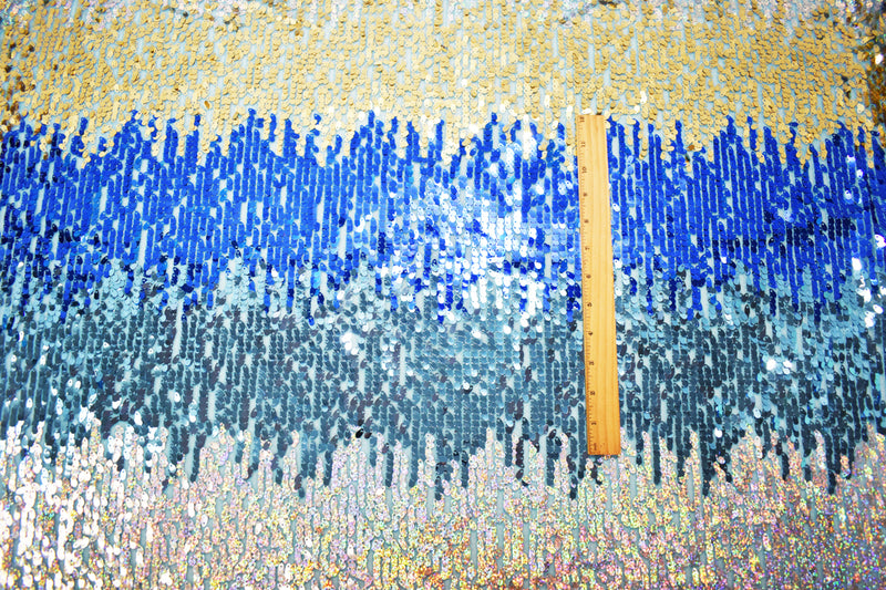 Aquatic Blue-Gold-Silver Nylon Sequin Striped Mesh Tulle Fabric