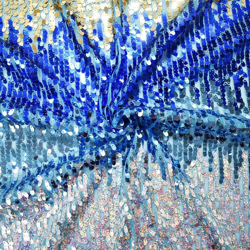 Aquatic Blue-Gold-Silver Nylon Sequin Striped Mesh Tulle Fabric