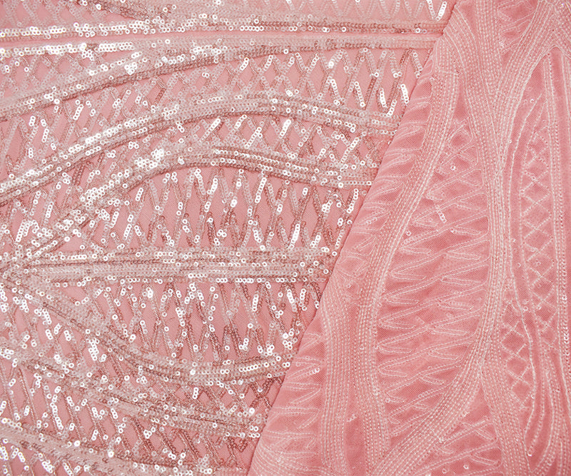 Pink-Pearl-Iridescent Nylon Abstract Wave Sequined Mesh Knit Fabric