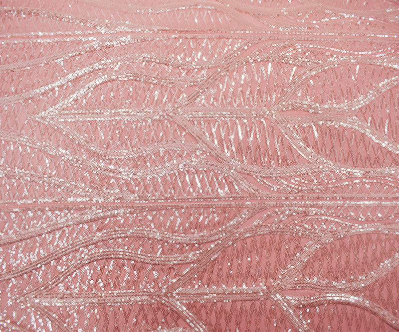 Pink-Pearl-Iridescent Nylon Abstract Wave Sequined Mesh Knit Fabric