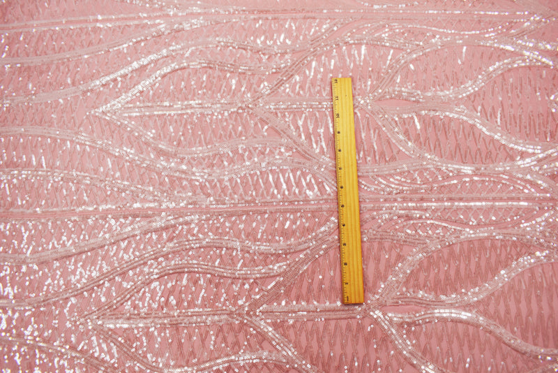 Pink-Pearl-Iridescent Nylon Abstract Wave Sequined Mesh Knit Fabric