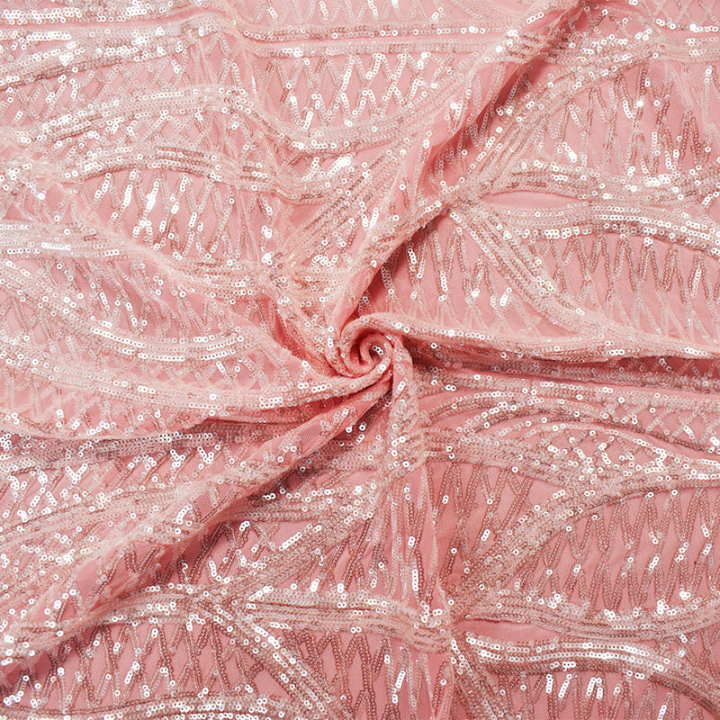 Pink-Pearl-Iridescent Nylon Abstract Wave Sequined Mesh Knit Fabric