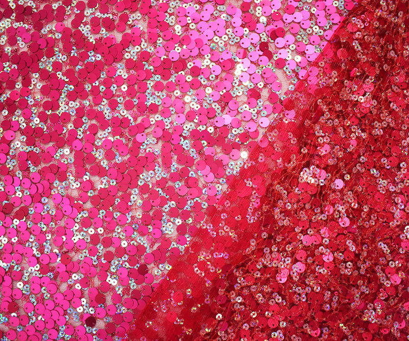 Red-Silver-Pink Poly Sequined Tulle Mesh Fabric