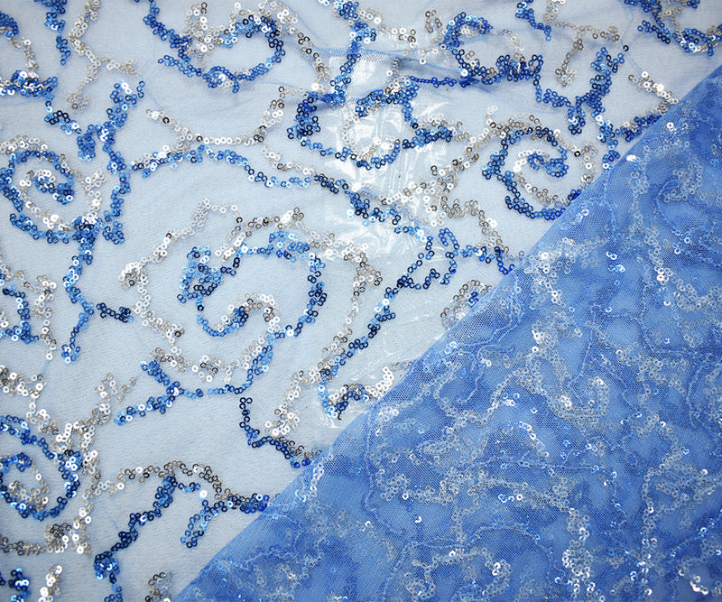 Blue-Silver Nylon Sequined Abstract Swirl Mesh Tulle Fabric