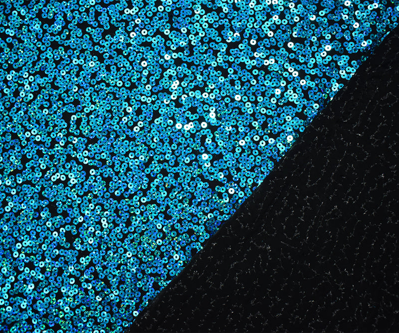 Black-Turquoise Blue Poly Sequined Stretch Spandex Knit Fabric
