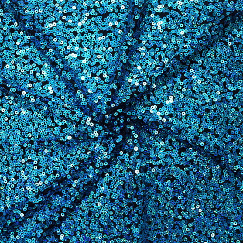 Black-Turquoise Blue Poly Sequined Stretch Spandex Knit Fabric