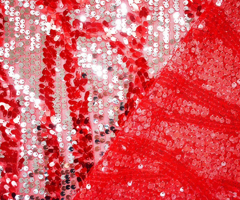 Red-Metallic Nylon-Poly Silver Abstract Sequined Mesh Tulle Fabric