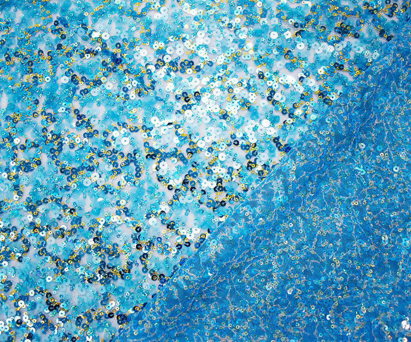 Turquoise-Gold Polyester Sequined Tulle Mesh Fabric