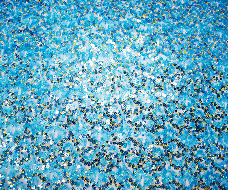 Turquoise-Gold Polyester Sequined Tulle Mesh Fabric