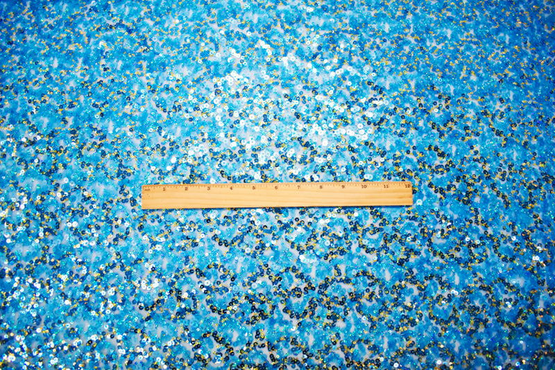 Turquoise-Gold Polyester Sequined Tulle Mesh Fabric