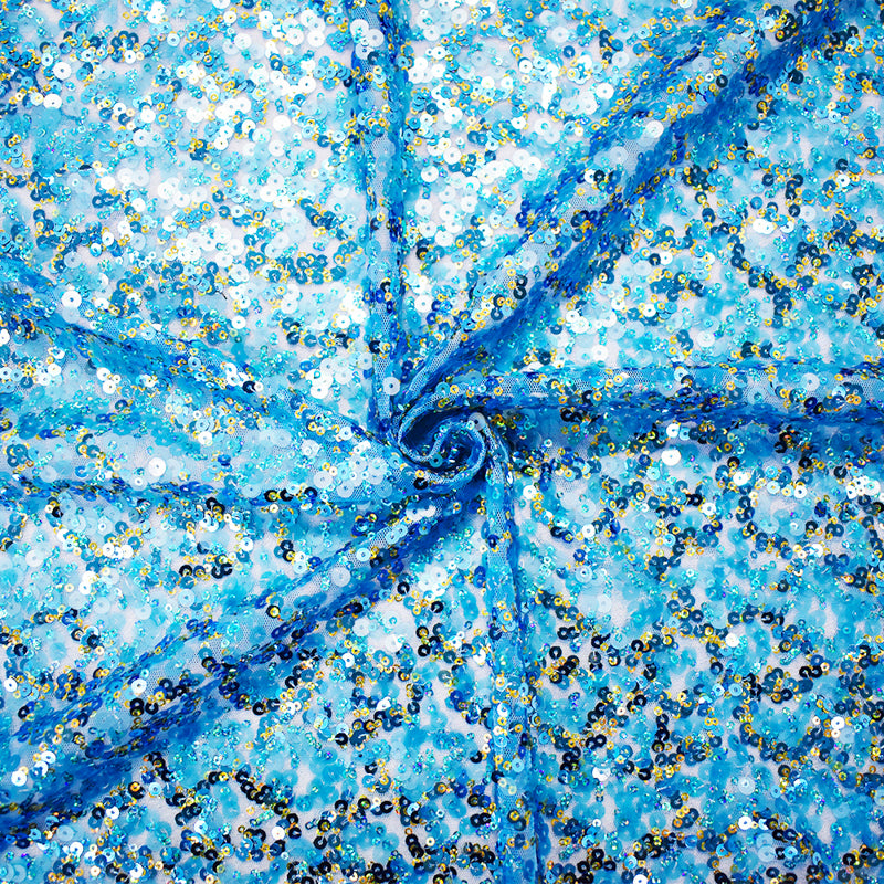 Turquoise-Gold Polyester Sequined Tulle Mesh Fabric