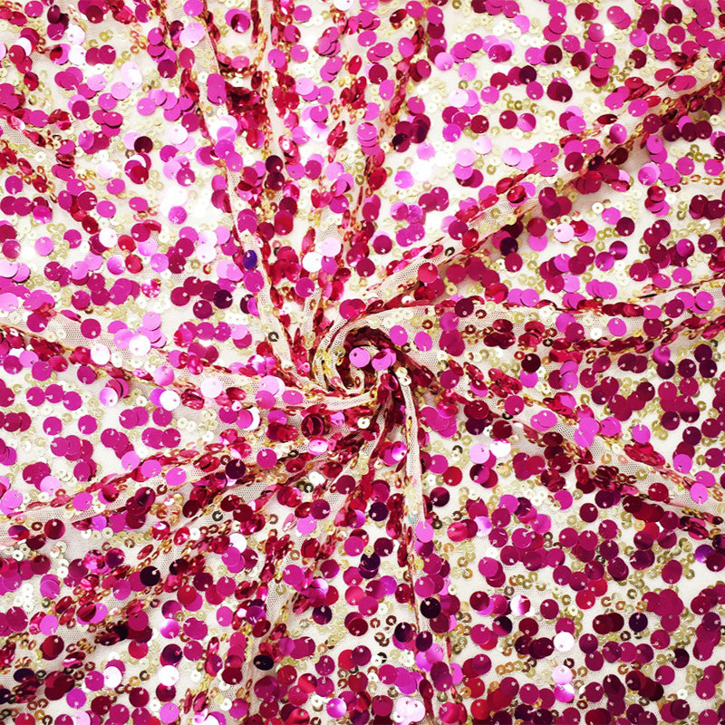 Fuchsia Pink-Gold-Beige Nylon Sequined Mesh Tulle Fabric
