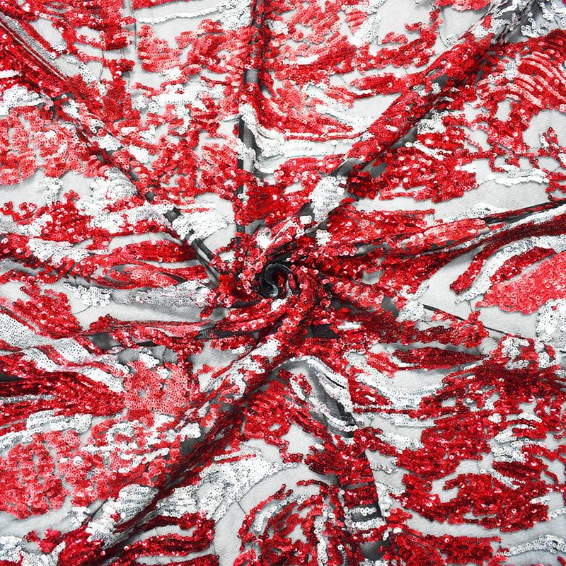 Red-Black-Silver Nylon-Poly Abstract Sequined Tulle Fabric