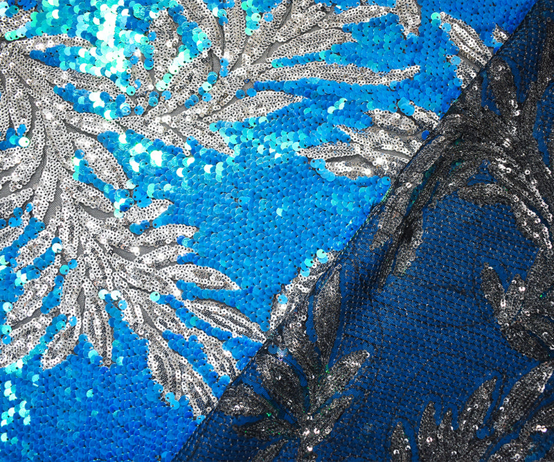 2 YD PC-Ocean Blue-Silver Leaf Sequined Mesh Tulle Fabric